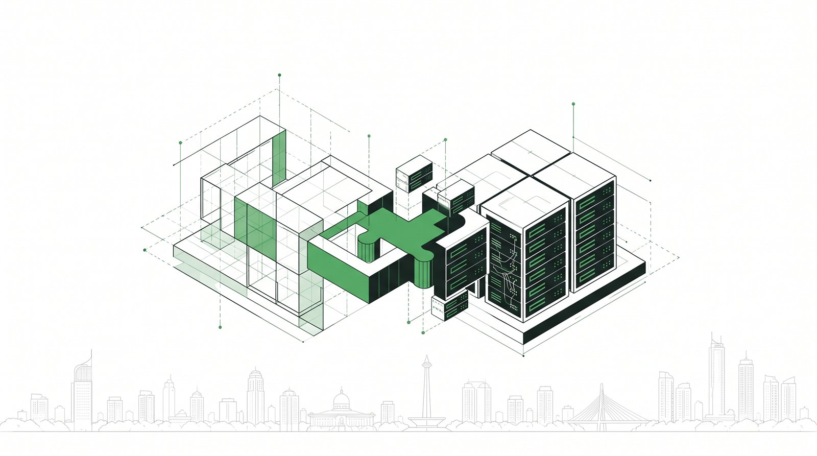 Illustration of a system integrator solution blueprint connected to IONext GPU server racks, above a Jakarta skyline
